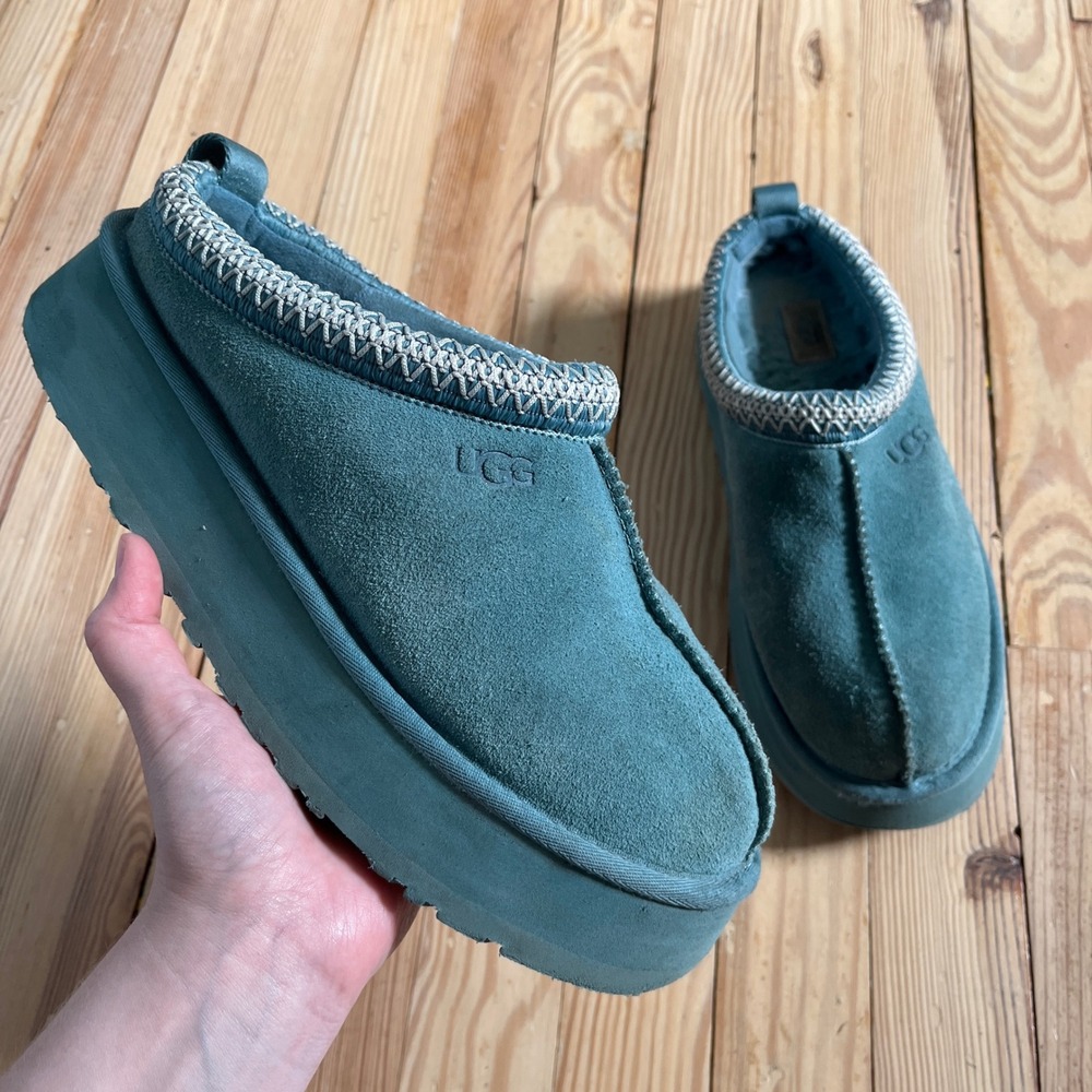 UGG Tazz Platform Slipper Women Teal Blue Suede Embroidered Braid Mules